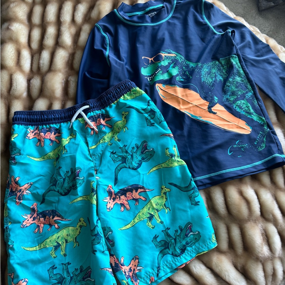 Boys size 12 Oshkosh rash guard and swim trunks.